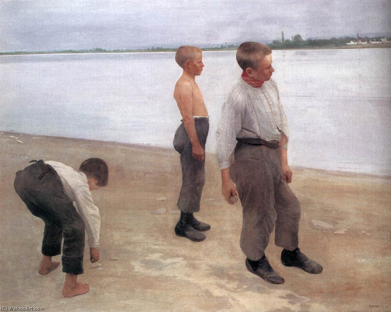 Order Paintings Reproductions Boys Throwing Pebbles Into The River by Karoly Ferenczy (1862-1917, Hungary) | ArtsDot.com