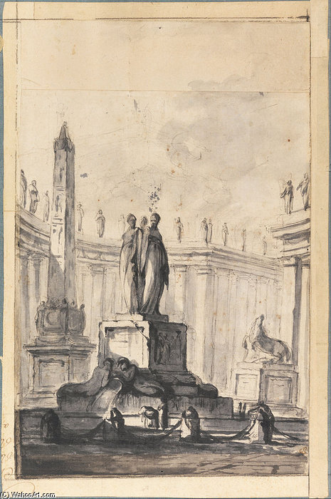Buy Museum Art Reproductions Architectural Fantasy With Fountain And Obelisk by Louis Joseph Le Lorrain (1715-1759, France) | ArtsDot.com