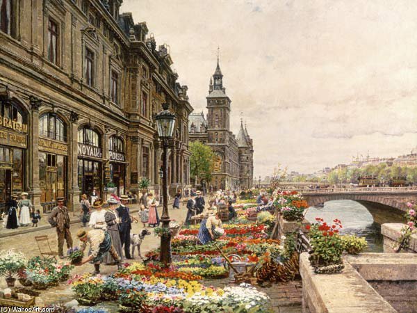 Order Oil Painting Replica Flower Stands At His In Paris by Marie Francois Firmin-Girard (1838-1921, France) | ArtsDot.com