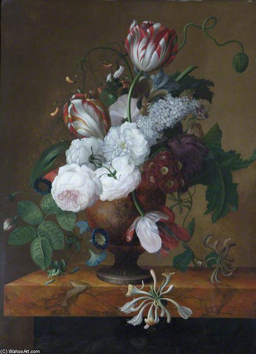 Order Oil Painting Replica Tulips, Honeysuckle, Peonies And Roses In An Urn by Jan Frans Van Dael (1764-1840, Belgium) | ArtsDot.com
