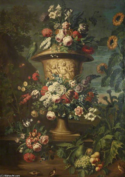 Order Oil Painting Replica An Urn Filled And Garlanded With Summer Flowers by Jean Baptiste Belin De Fontenay (1636-1699, France) | ArtsDot.com
