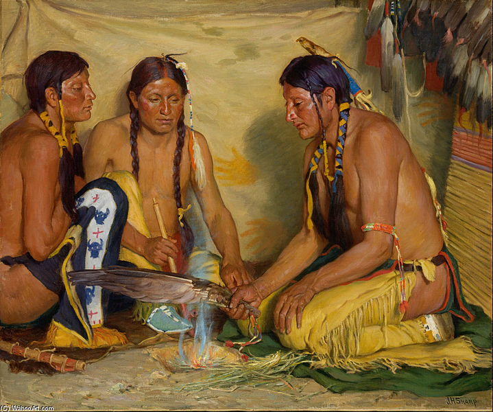 Order Paintings Reproductions Making Sweet Grass Medicine, Blackfoot Ceremony - by Joseph Henry Sharp (Inspired By) (1859-1953, United States) | ArtsDot.com