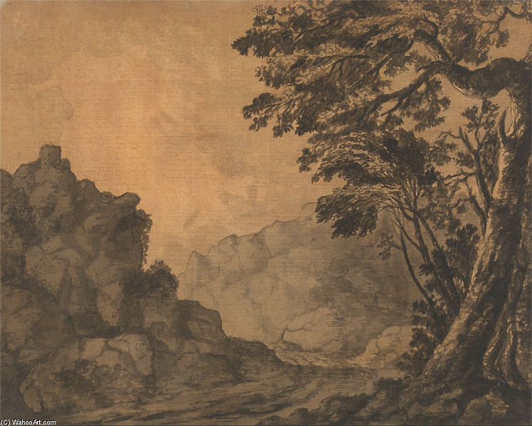 Buy Museum Art Reproductions A Road In A Mountain Landscape With Trees To The Right by Alexander Cozens (1717-1786, Russia) | ArtsDot.com