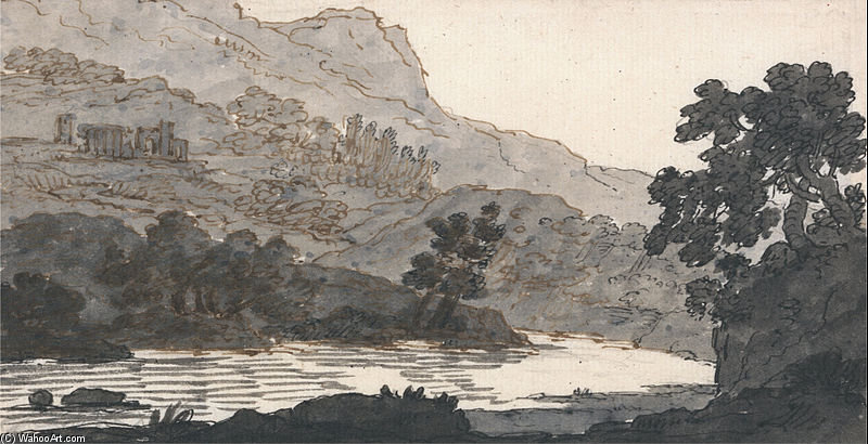 Buy Museum Art Reproductions River And Mountain, With Ruins by Alexander Cozens (1717-1786, Russia) | ArtsDot.com
