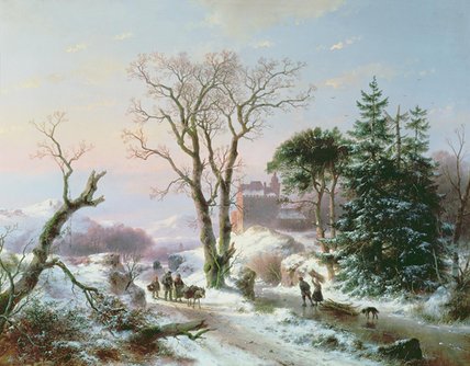 Order Oil Painting Replica Wooded Winter River Landscape,, 1855 by Andreas Schelfhout (1787-1870, Netherlands) | ArtsDot.com