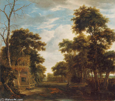Buy Museum Art Reproductions A Wooded Landscape With A Dog Barking At A Swineherd by Anthonie Waterloo (1609-1690, France) | ArtsDot.com