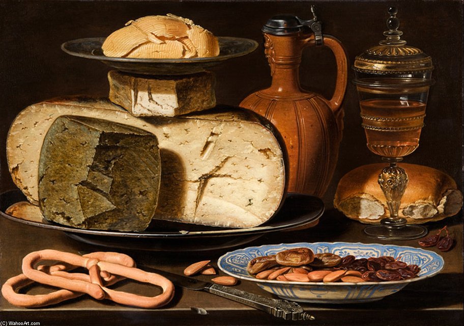 Order Art Reproductions Still Life With Cheeses, Almonds And Pretzels From Circa by Clara Peeters (1594-1657, Belgium) | ArtsDot.com