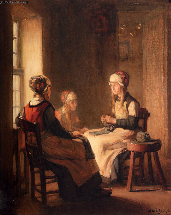 Order Art Reproductions A Interior With Marken Girls Knitting by Claude Joseph Bail (1862-1921, France) | ArtsDot.com
