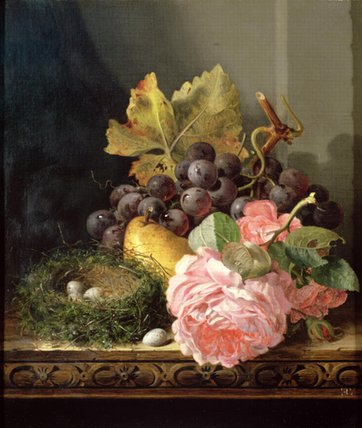 Order Art Reproductions Still Life, Roses, Fruit ^ Bird`s Nest by Edward Ladell (1821-1886, United Kingdom) | ArtsDot.com