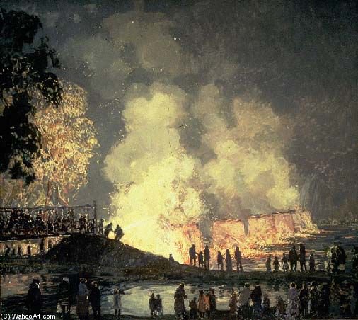 Order Oil Painting Replica The Burning Of Center Bridge by Edward Willis Redfield (Inspired By) (1869-1965, United States) | ArtsDot.com