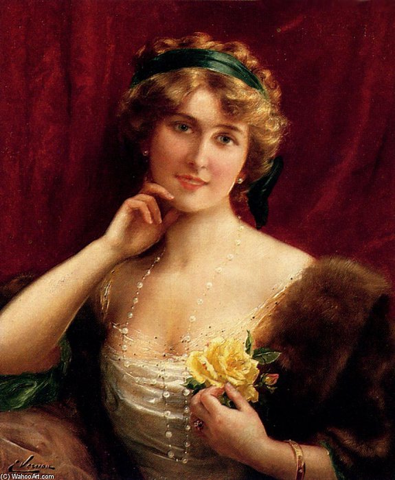 Order Oil Painting Replica An Elegant Lady With A Yellow Rose by Emile Vernon (1872-1920, France) | ArtsDot.com