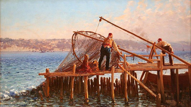 Order Oil Painting Replica Fishermen Bringing In The Catch - by Fausto Zonaro (1854-1929, Austria) | ArtsDot.com