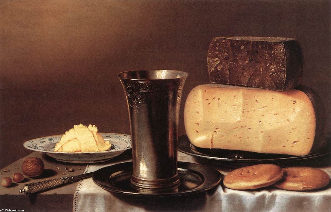 Order Oil Painting Replica Still-life With Glass, Cheese, Butter And Cake by Floris Gerritsz Van Schooten (Floris Verschoten) (1584-1656, Netherlands) | ArtsDot.com