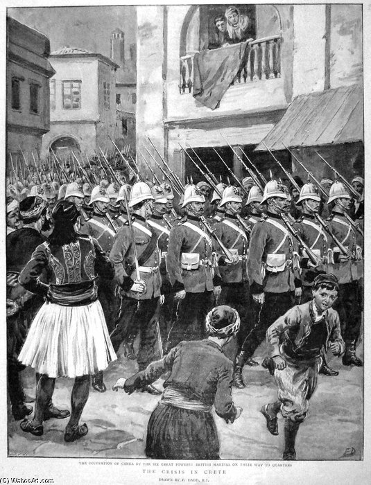 Order Artwork Replica Royal Marines Parade In The Streets Of Canea (chania) In Crete Following The Occupation Of The Island By The Great Powers by Frank Dadd (1851-1929, United Kingdom) | ArtsDot.com