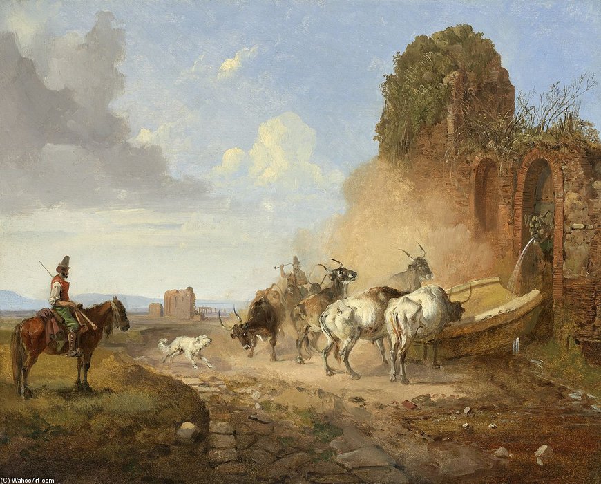 Order Paintings Reproductions Cattle Watering At A Fountain On The Via Appia Antiqua by Heinrich Bürkel (1802-1869, Germany) | ArtsDot.com