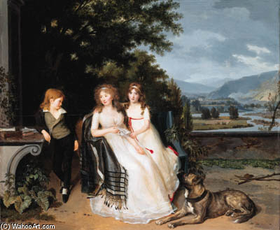 Order Paintings Reproductions Portrait Of A Lady With Two Children And A Dog On A Terrace, An Extensive River Landscape Beyond by Louis Gauffier (1762-1801, France) | ArtsDot.com