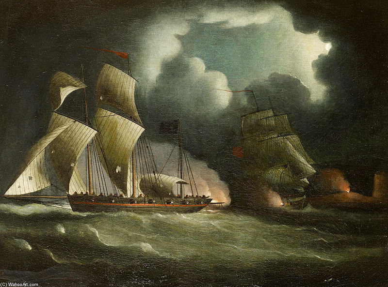 Order Paintings Reproductions A Royal Navy Brig Chasing And Engaging A Well-armed Pirate Lugger by Thomas Buttersworth (1768-1842, United Kingdom) | ArtsDot.com