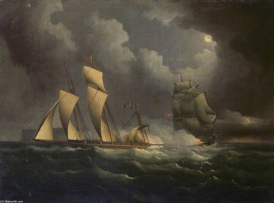 Buy Museum Art Reproductions A Smuggling Lugger Chased By A Naval Brig by Thomas Buttersworth (1768-1842, United Kingdom) | ArtsDot.com