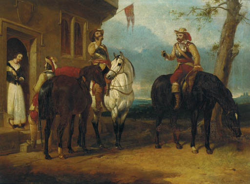 Order Oil Painting Replica Two Mounted Cavaliers And Another Drinking Ale Outside An Inn by Abraham Cooper (1787-1868, United Kingdom) | ArtsDot.com