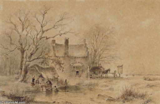 Order Oil Painting Replica A Winter Landscape With Figures By A Frozen Pond, A Village In The Distance by Andreas Schelfhout (1787-1870, Netherlands) | ArtsDot.com
