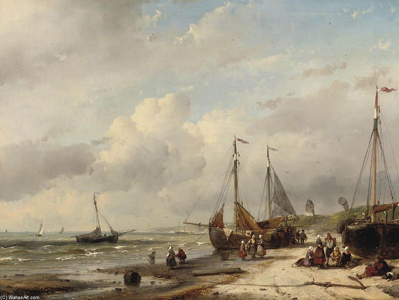 Buy Museum Art Reproductions Fishermen And Fishing Boats Along The Dutch Coast by Andreas Schelfhout (1787-1870, Netherlands) | ArtsDot.com