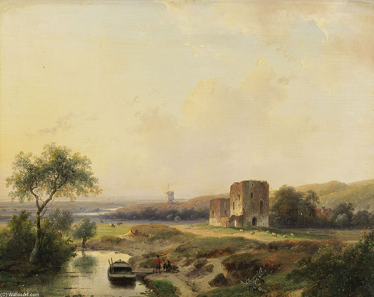 Order Art Reproductions River Landscape With Windmill In Haarlem And The Ruins Of Brederode by Andreas Schelfhout (1787-1870, Netherlands) | ArtsDot.com