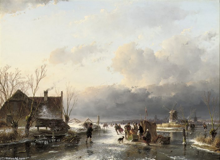 Order Paintings Reproductions Skaters Near A Koek-en-zopie With Windmills Beyond by Andreas Schelfhout (1787-1870, Netherlands) | ArtsDot.com