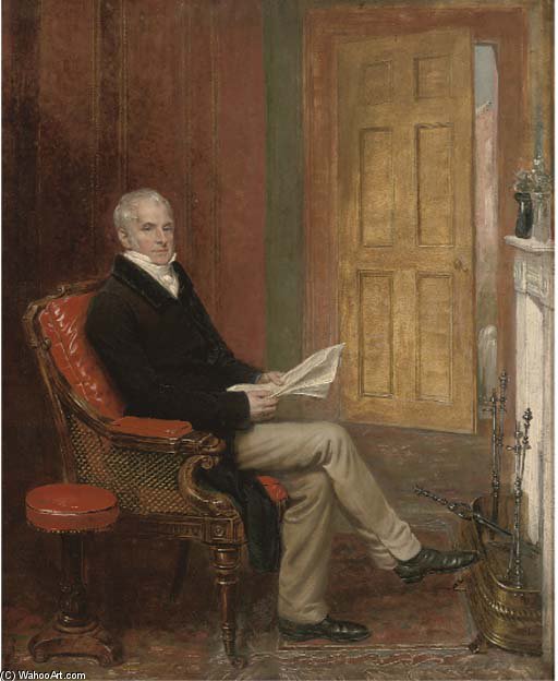Order Artwork Replica Portrait Of A Gentleman, Seated Full-length, Before A Fireplace, Reading A Newspaper by Andrew Geddes (1783-1844, United Kingdom) | ArtsDot.com