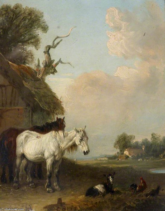 Order Oil Painting Replica Landscape With Two Horses And A Goat By A Shed by Edmund Bristow (1787-1876, United Kingdom) | ArtsDot.com