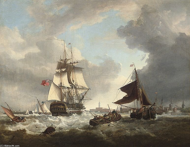 Buy Museum Art Reproductions A `74` Shortening Sail As She Passes Through The Entrance To Portsmouth Harbour by George Webster (1797-1864, United Kingdom) | ArtsDot.com
