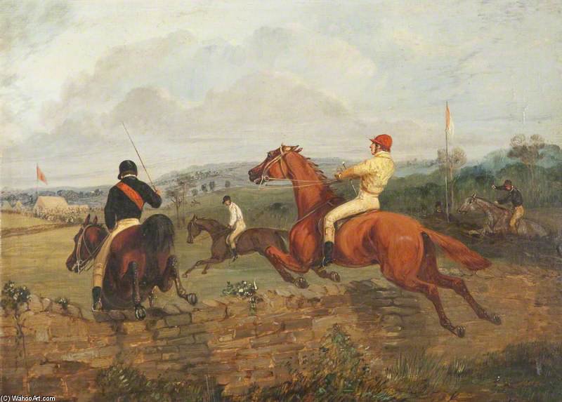 Order Art Reproductions Two Steeplechasers Clearing A Wall, With Two Steeplechasers In The Middle Distance by Henry Thomas Alken (1785-1851, United Kingdom) | ArtsDot.com