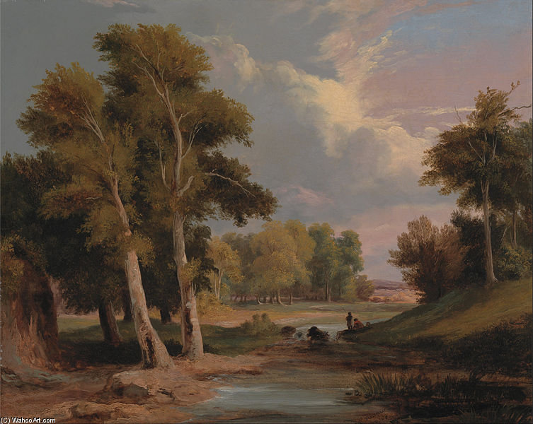 Order Art Reproductions A Wooded River Landscape With Fishermen by James Arthur O Connor (1792-1841, Ireland) | ArtsDot.com
