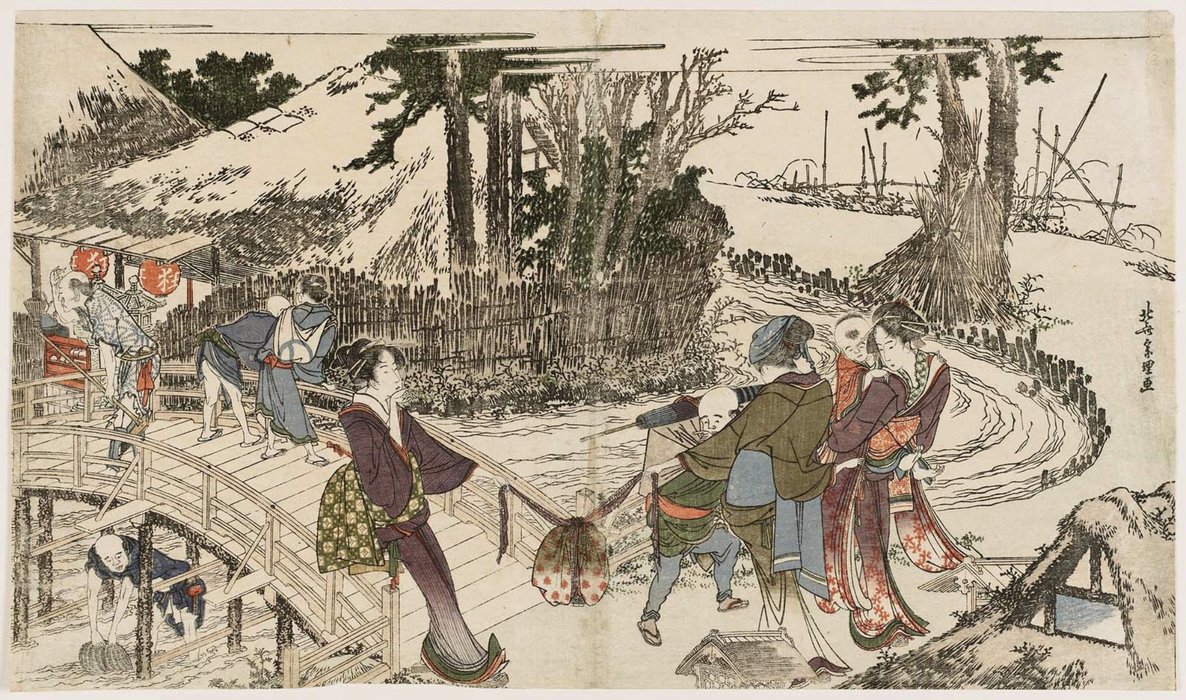 Buy Museum Art Reproductions Crossing A Bridge by Katsushika Hokusai (1760-1849, Japan) | ArtsDot.com