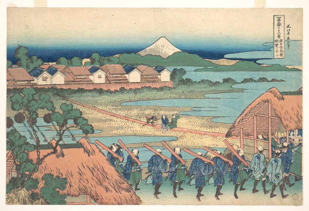 Order Art Reproductions Fuji Seen In The Distance From Senju Pleasure Quarter by Katsushika Hokusai (1760-1849, Japan) | ArtsDot.com