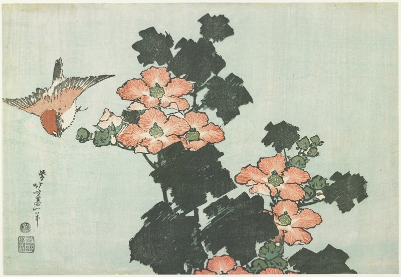 Order Oil Painting Replica Rose Mallow And Sparrow by Katsushika Hokusai (1760-1849, Japan) | ArtsDot.com