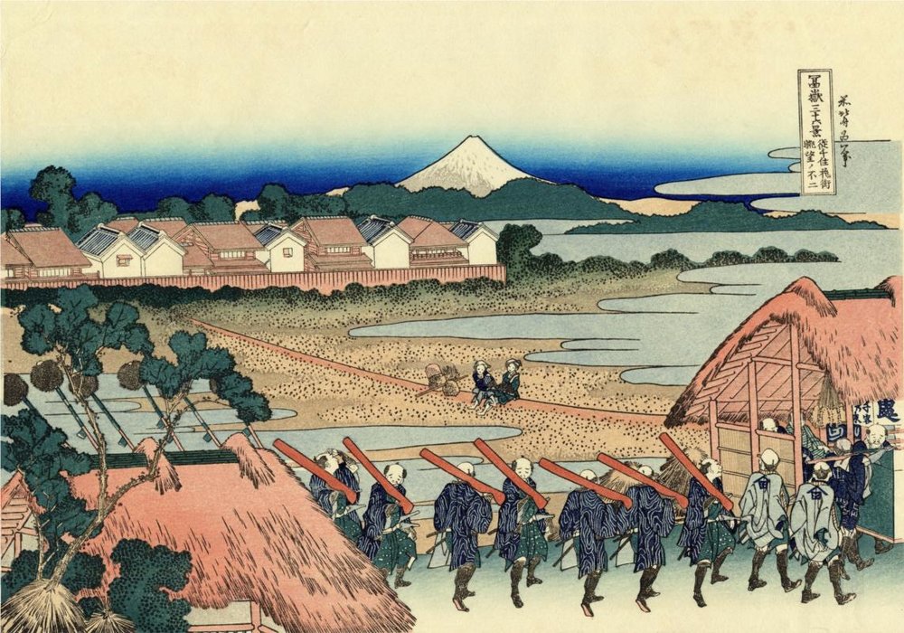 Order Art Reproductions The Fuji Seen From The Gay Quarter In Senju by Katsushika Hokusai (1760-1849, Japan) | ArtsDot.com