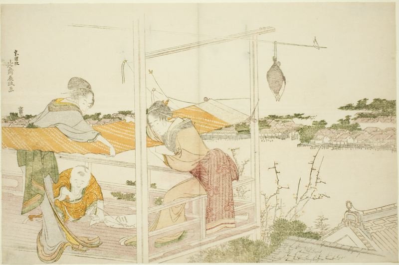 Buy Museum Art Reproductions Women On A Veranda Stretching Cloth To Dry by Katsushika Hokusai (1760-1849, Japan) | ArtsDot.com