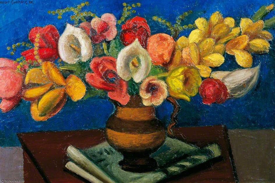 Order Oil Painting Replica Flowers In A Brown Vase by Mark Gertler (1891-1939, United Kingdom) | ArtsDot.com