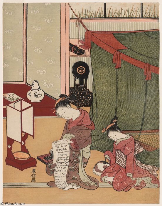 Order Paintings Reproductions Kamuro Dozing And Courtesan Reading A Letter by Suzuki Harunobu (1725-1770, Japan) | ArtsDot.com
