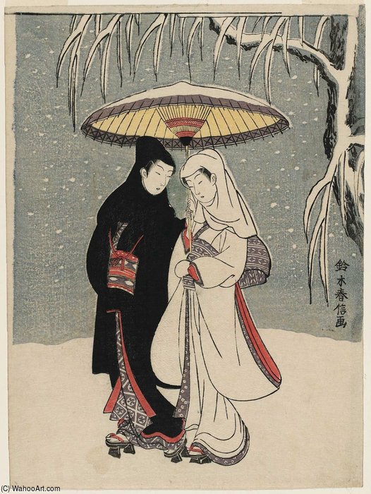 Order Paintings Reproductions Lovers Under An Umbrella In The Snow by Suzuki Harunobu (1725-1770, Japan) | ArtsDot.com