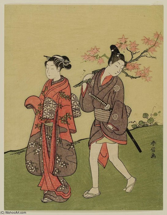 Order Oil Painting Replica Young Woman And Man With Maple Leaves by Suzuki Harunobu (1725-1770, Japan) | ArtsDot.com