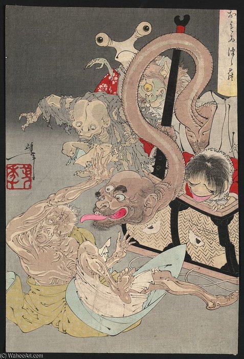 Order Oil Painting Replica Omoi Tsuzura And Yokubari Obasan by Tsukioka Yoshitoshi (1839-1892, Japan) | ArtsDot.com