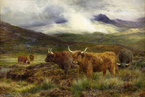 Buy Museum Art Reproductions Highland Cattle In A Mountain Landscape by Louis Bosworth Hurt (1856-1929, United Kingdom) | ArtsDot.com