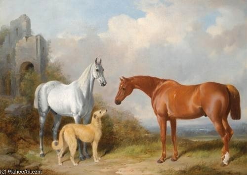 Order Art Reproductions A Grey And A Chestnut Hunter With A Deerhound by William Barraud (1810-1850, United Kingdom) | ArtsDot.com