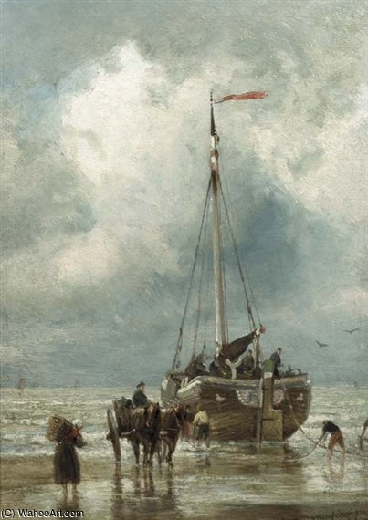 Order Paintings Reproductions Fishermen Unloading A Bomschuit by Cornelis Christiaan Dommelshuizen (1842-1928, Netherlands) | ArtsDot.com