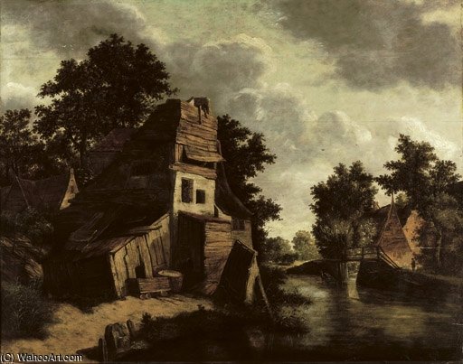 Buy Museum Art Reproductions A House In A Wooded River Landscape With A Washerwoman In The Foreground by Cornelius Decker (1623-1678) | ArtsDot.com