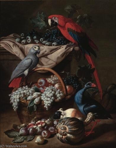 Order Oil Painting Replica Still Life With Two Parrots, A Guinea Pig by Jacob Van Der (Giacomo Da Castello) Kerckhoven (1637-1712, Belgium) | ArtsDot.com