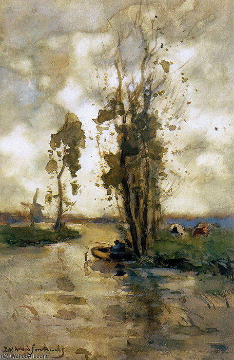 Order Paintings Reproductions Fisherman In Polder Landscape by Johan Hendrik Weissenbruch (1824-1903, Netherlands) | ArtsDot.com