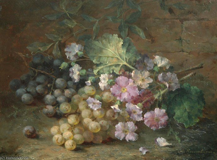 Order Oil Painting Replica A Still Life With Primroses And Grapes by Margaretha Roosenboom (1843-1896, Netherlands) | ArtsDot.com