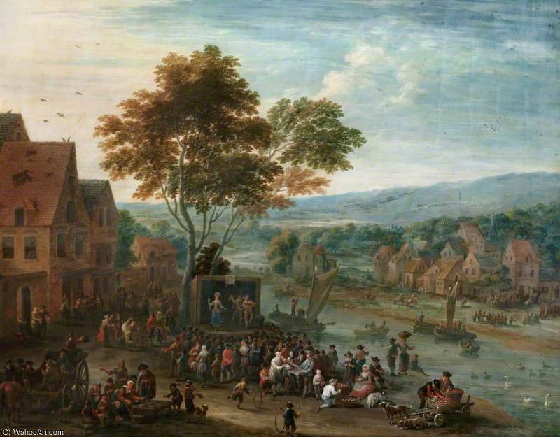 Order Oil Painting Replica An Extensive River Landscape With Travelling Theatrical Troupe by Mathys Schoevaerdts (1665-1710, Belgium) | ArtsDot.com